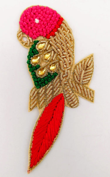 Hand Embroidered Bird Applique With Pink and Red Embroidery With Antique Gold Zardozi Work, Parrot Applique, Knot Embroidered Applique